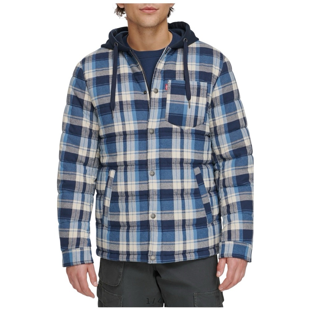Levi's Men's Quilted Plaid Puffer Hooded Shacket Blue Plaid Medium‎